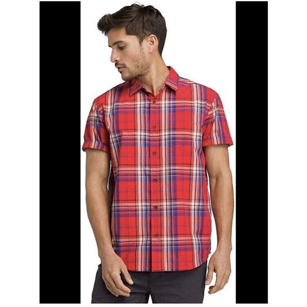 prAna Button Down Mens Large‎ Benton Short Sleeve Fire Red Plaid Shirt